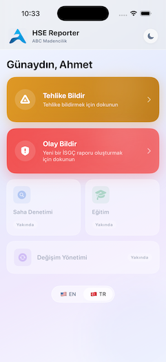 HSE Reporter Pro app — incident reporting screen